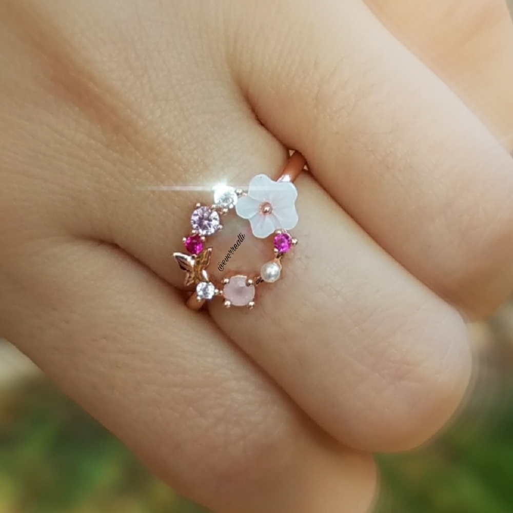 Rose Gold Flower & Butterfly Circle Halo Ring - Picture 2 of 5